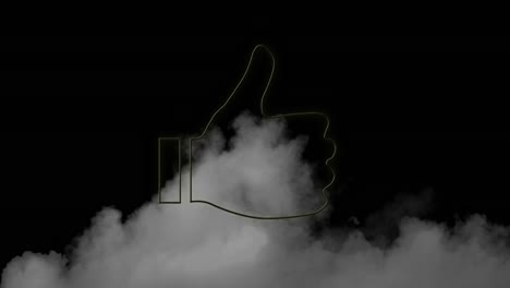 Animation-of-neon-thumbs-up-icon-flickering-over-smoke-and-black-background