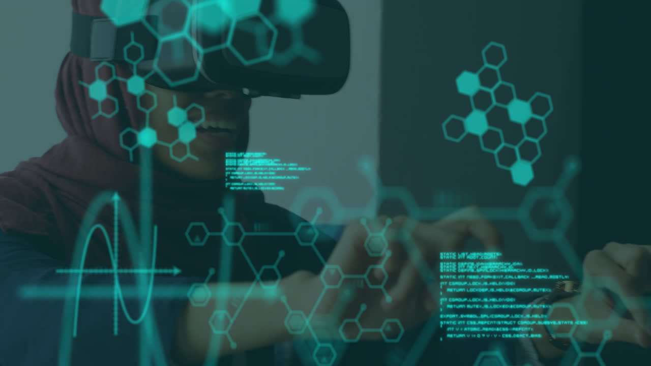 Animation of chemical compounds and medical data processing over woman wearing vr headset
