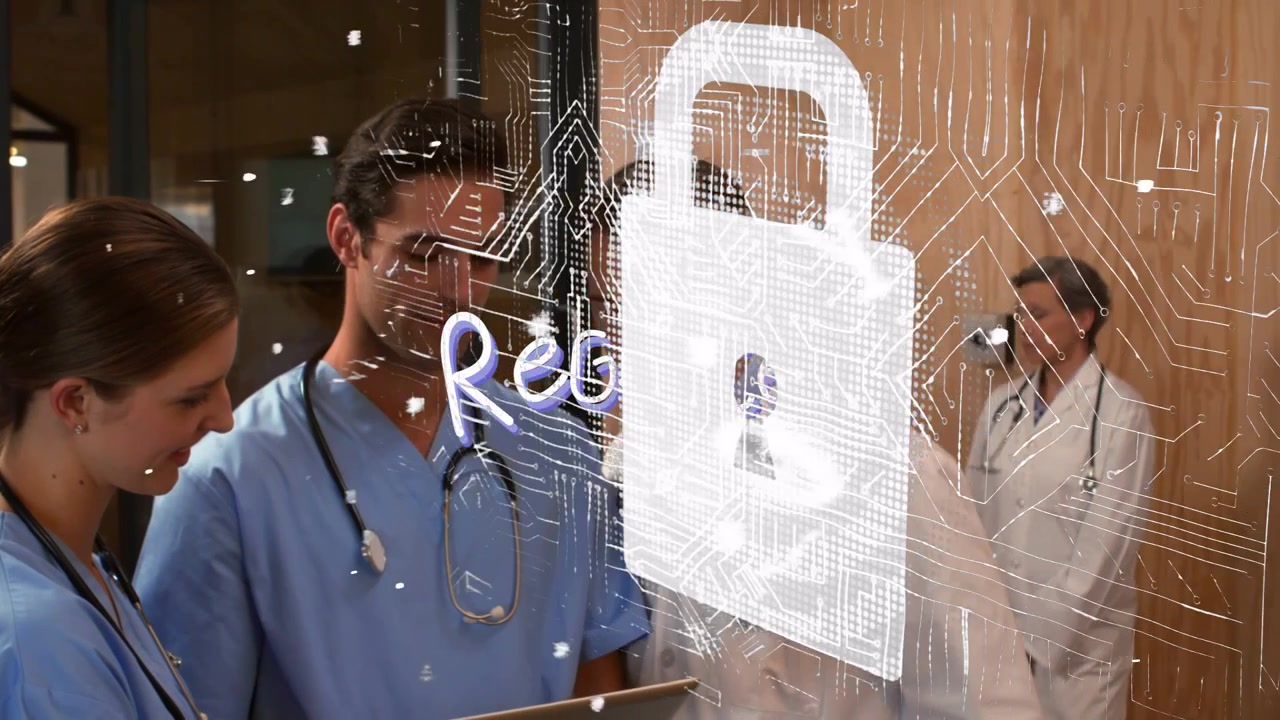 Clinicians tapping tablet in ward causing Register text, circuitry and padlock locking data