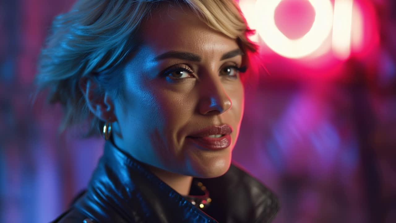 Donna sicura di sé in giacca di pelle in posa sotto luci al neon.