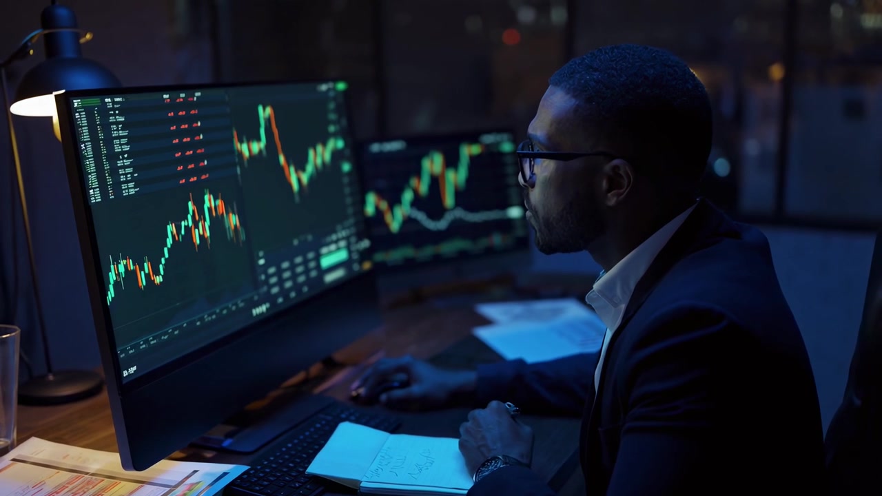 Uomo d'affari concentrato che analizza grafici del mercato azionario al computer di notte
