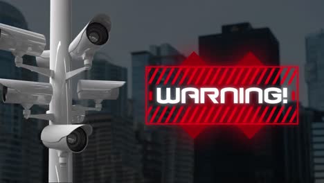 animation of the word warning written with cameras recording in the background.