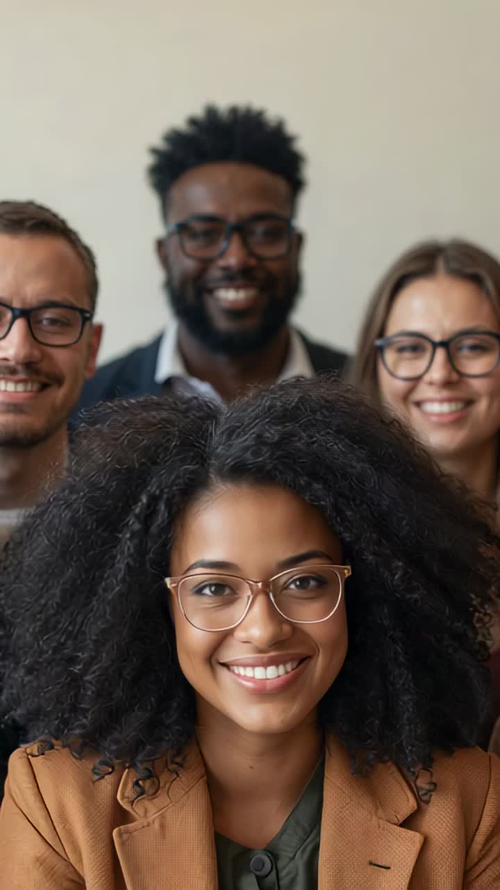 Vídeo vertical: câmera subindo, mulher sorrindo posando em foto de equipe no escritório, óculos e blazers