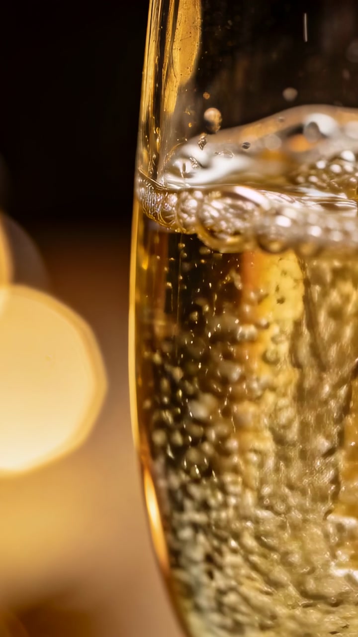 Vertical video: Carbonation releasing microbubbles rising in champagne flute on table, warm bokeh