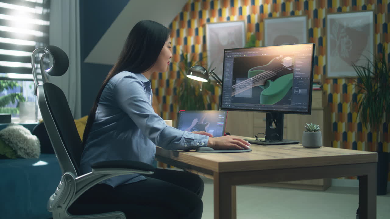 Woman working on 3D design of a bass guitar