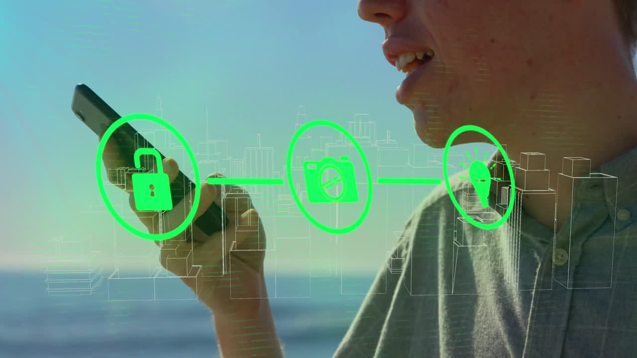 animación de iconos tecnológicos y ciudad del metaverso sobre las manos de un hombre caucásico que usa un teléfono inteligente