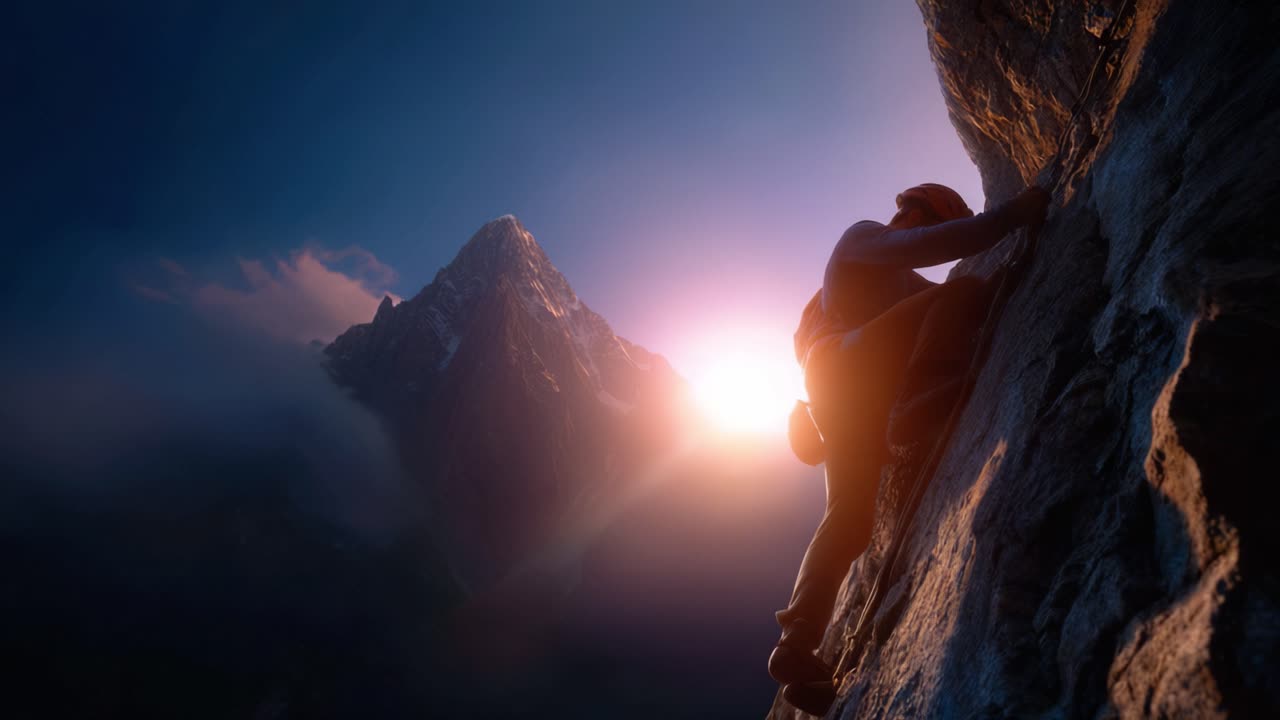 Un impavido scalatore scala una montagna maestosa, immerso nel caldo bagliore di un'alba mozzafiato; che enfatizza lo spirito di avventura e la bellezza della natura.