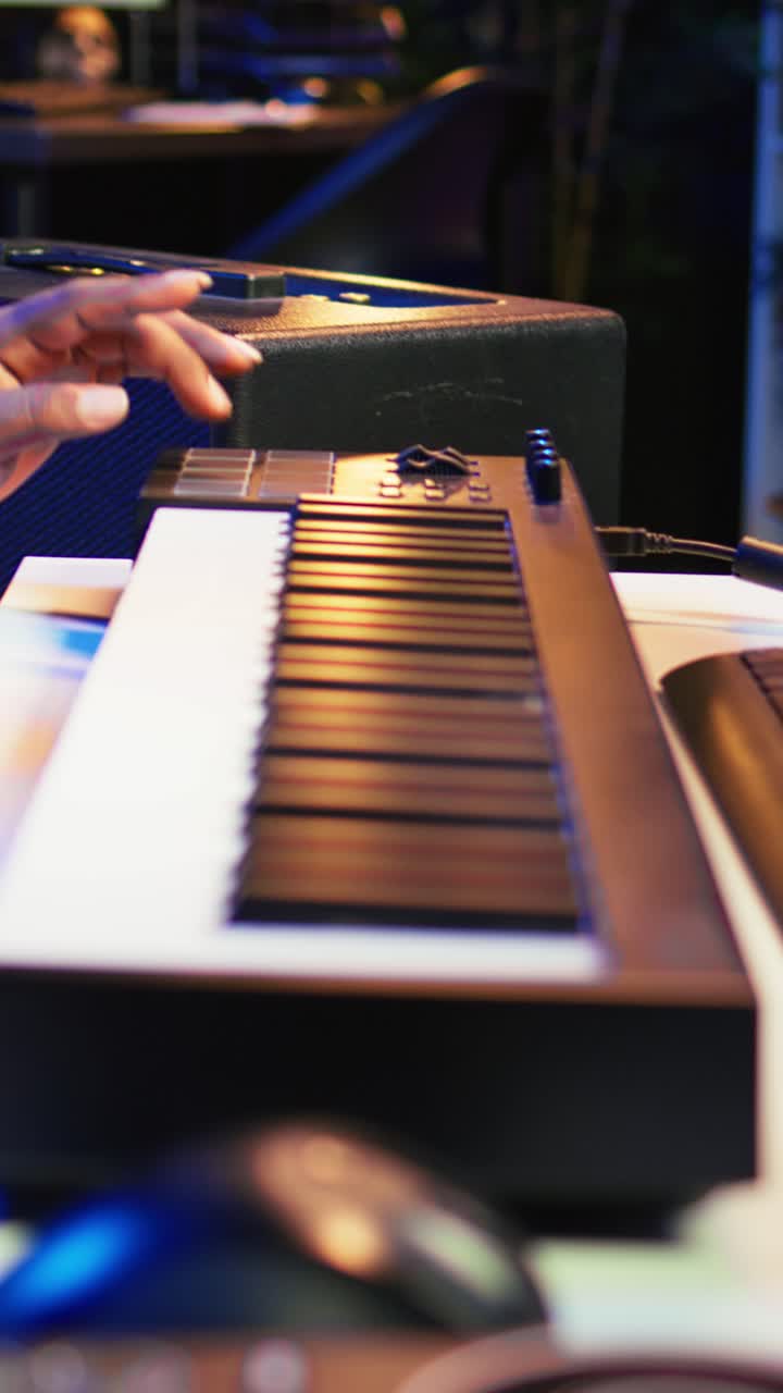 Close-up of Musician's Hand Adjusting Knobs on MIDI Keyboard