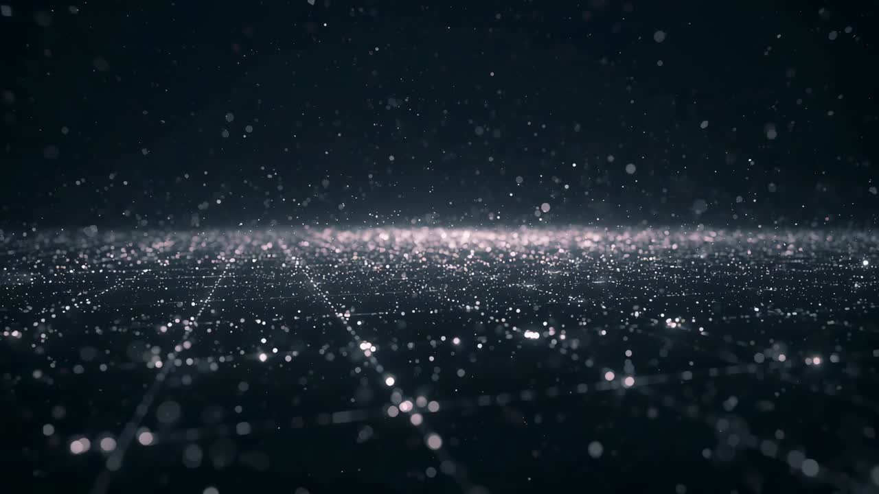 Glowing light grid and horizon band shifting as frames pass in dark void, bokeh discs drifting