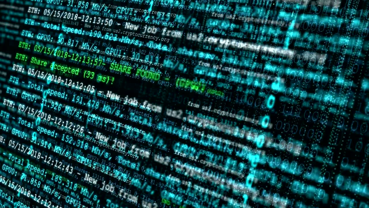 Process of mining digital crypto currency. Abstract seamless loop animation of cryptocurrency technology.