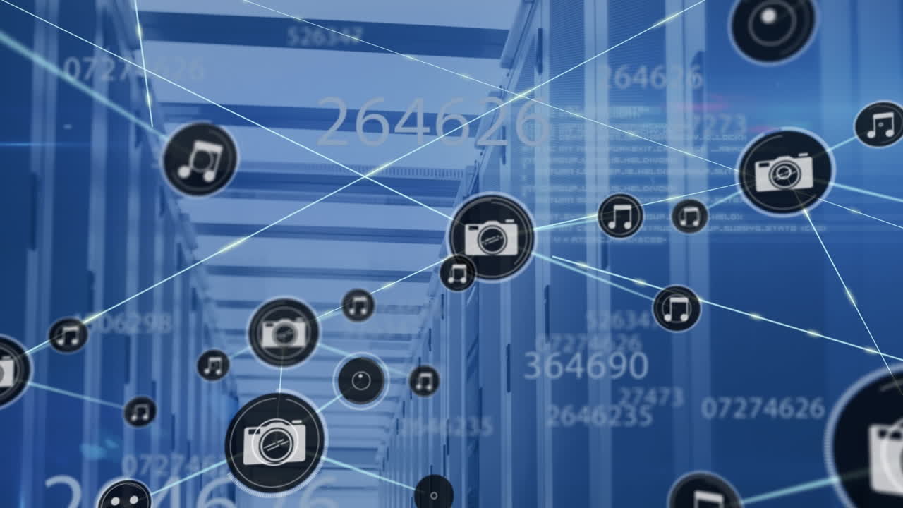 아이콘과 데이터 처리와 서버  ⁇ 을 통한 연결 네트워크의 애니메이션