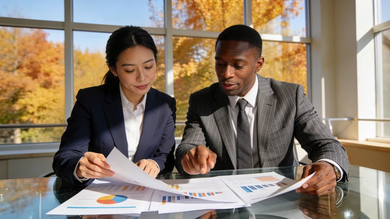 Pointing man in suit and woman in navy blazer comparing printed charts at office, reviewing report