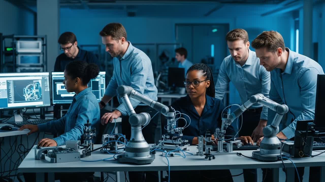 A group of engineers and scientists collaboratively working in a modern robotics laboratory, utilizing advanced robotic arms and computer technology for innovative projects