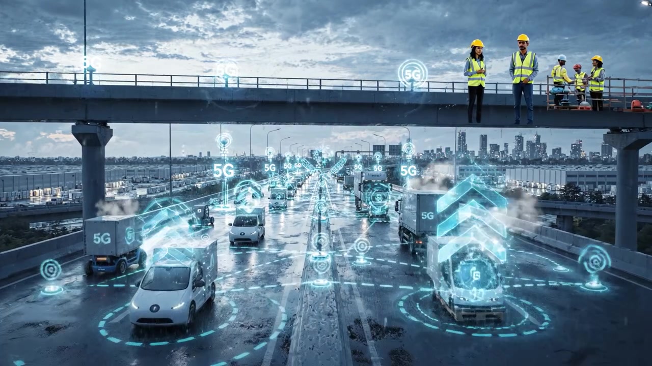 Immagini di autostrade urbane futuristiche illustrano il traffico connesso con connettività 5G, asfalto bagnato dalla pioggia e interazione dinamica tra veicoli in un paesaggio urbano moderno.