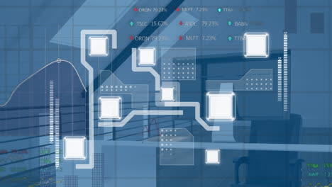 animación de la red de conexiones y procesamiento de datos en una oficina vacía
