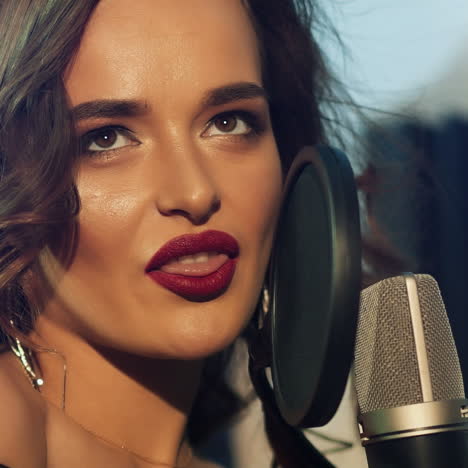 beautiful female's face singing lovingly in the sound studio. young singer model with perfect makeup and long earrings performing a popular song. slow motion. close-up
