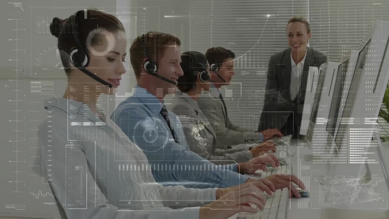 전화 헤드 ⁇ 을 사용하는 비즈니스 사람들에 대한 디지털 인터페이스의 애니메이션