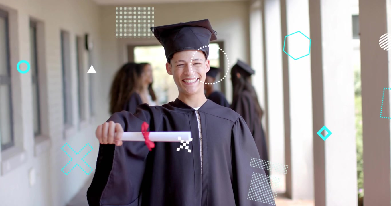Teenage male graduate lifting diploma while graphic overlays forming around arm for graduation