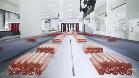 producción de salchichas, bandejas de salchicha envasadas en una cinta transportadora en una fábrica