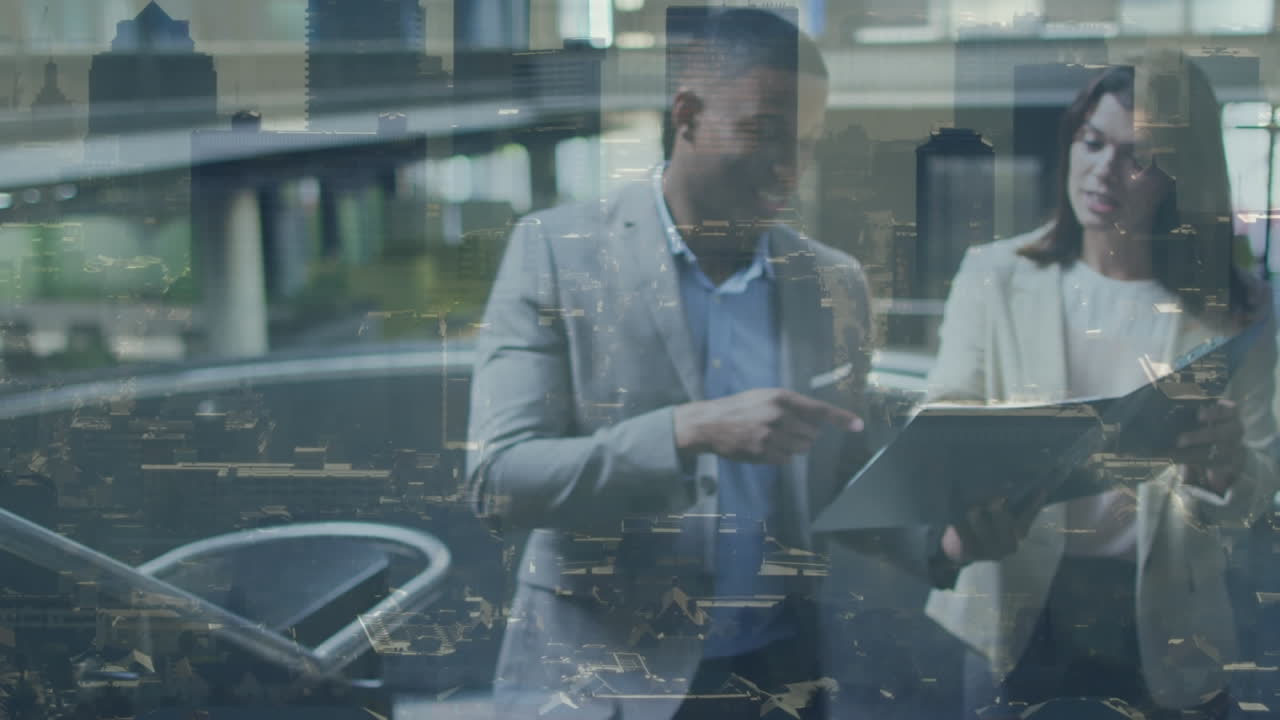 Animation of cityscape over business people in office