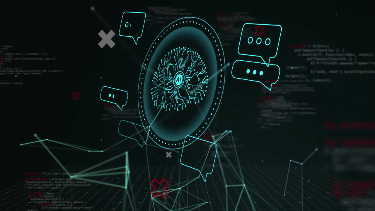 Animation of human brain and ai data processing over black background