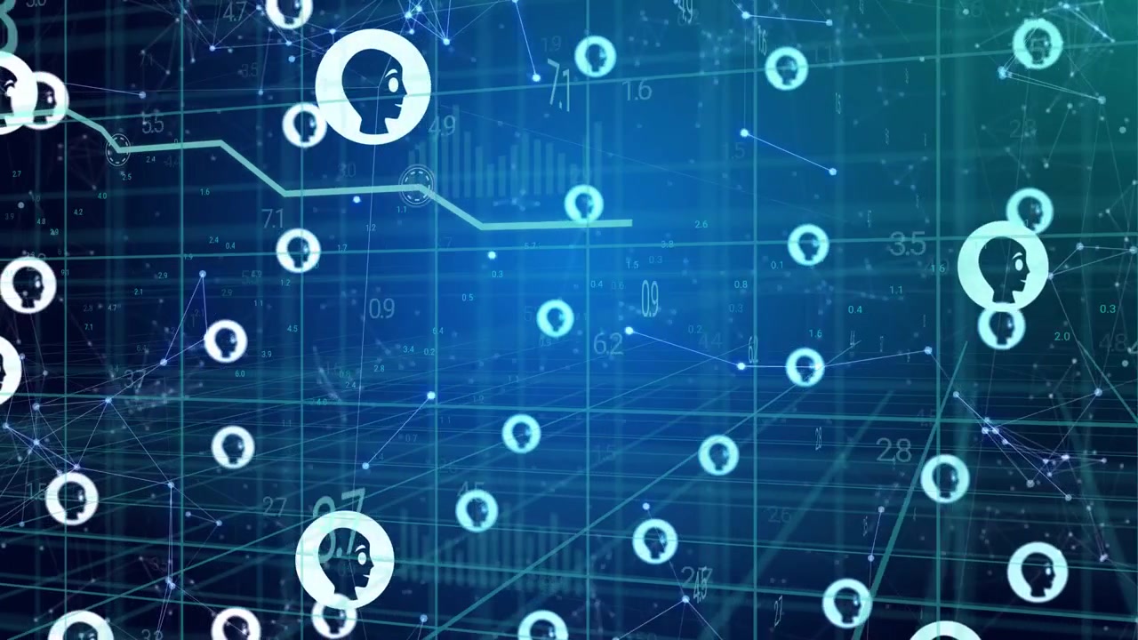 Profile icons moving on grid, chart line crossing nodes, causing pulses showing data shifts
