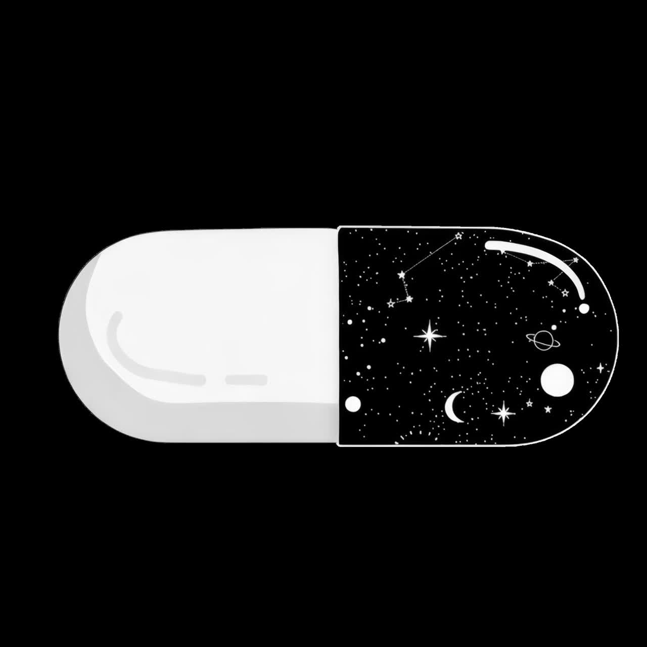 Risorsa isolata di animazione di un'illustrazione di pillola a tema cosmico, video 4K trasparente, canale alfa