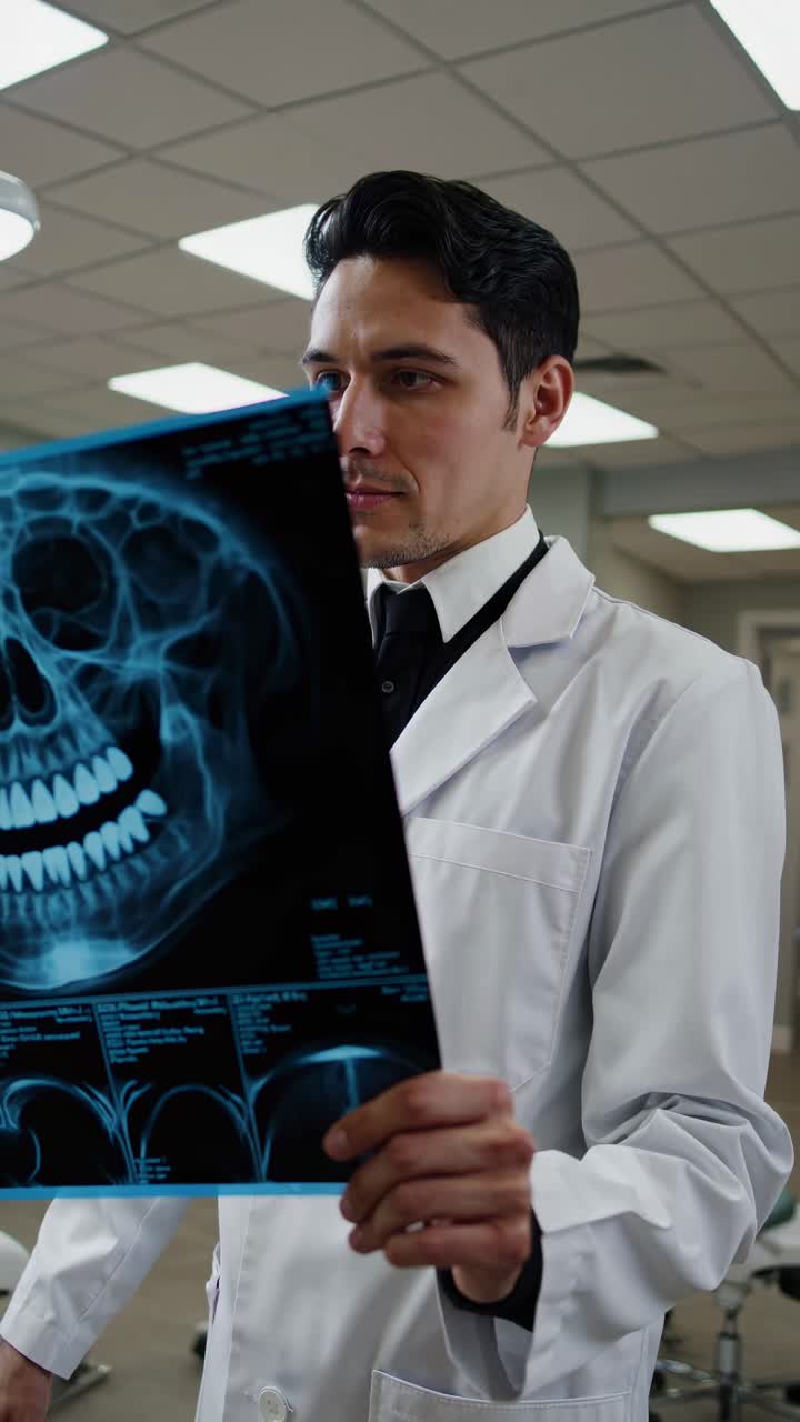 A dentist in a white coat reviews X-rays in a modern clinic. The video captures a side angle