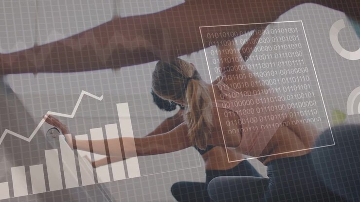 Three women holding lateral fitness stretch, HUD overlays appearing over trio and analysing data