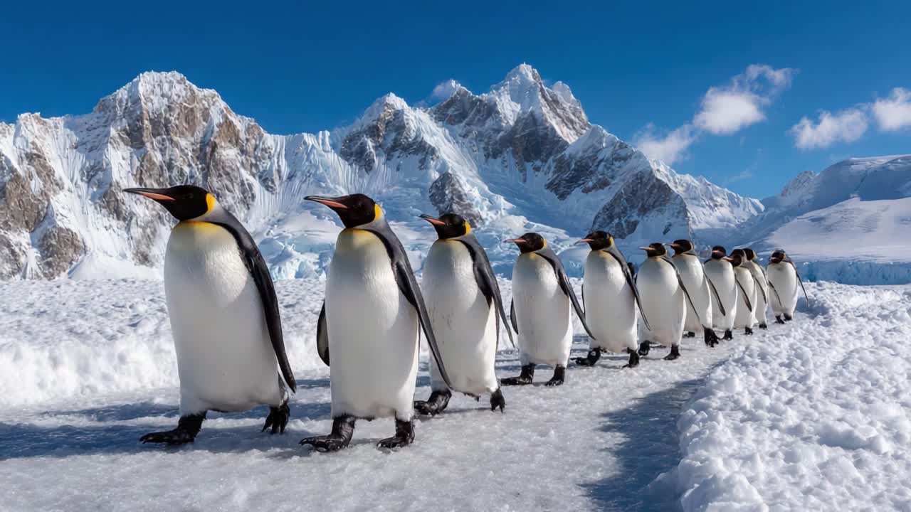 Majestic Emperor Penguins Marching Through Snowy Landscape with Stunning Mt. Range in Background, Capturing the Beauty of Their Natural Habitat in the Arctic