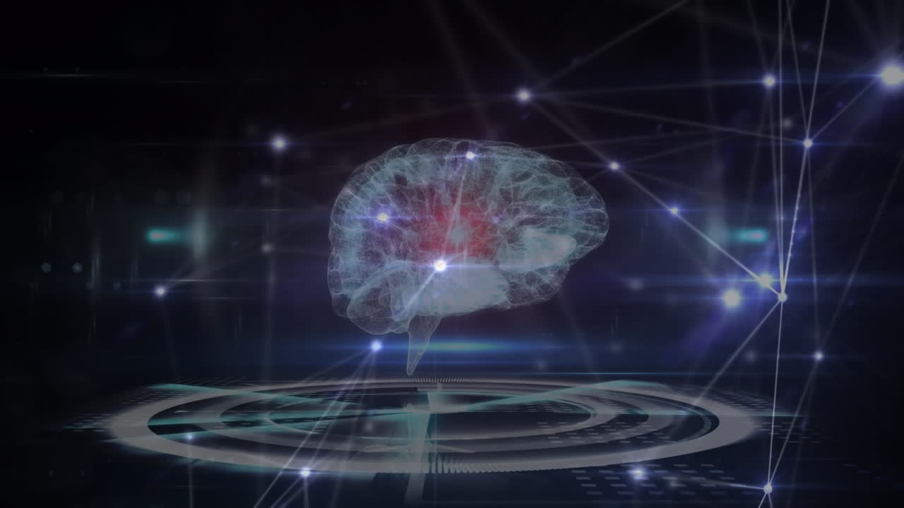Animazione di rete di connessioni ed elaborazione dati su sfondo nero