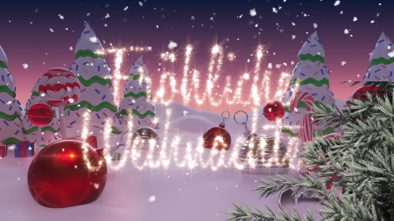 frohe weihnachten 텍스트와 겨울 풍경에 크리스마스 장식과 나무 위에 내리는 눈