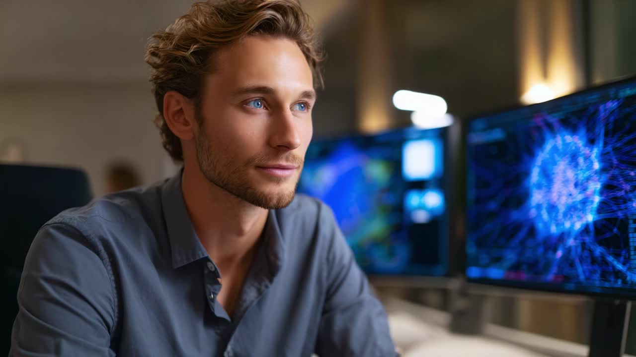 Professionista concentrato che contempla nuove idee mentre lavora in un ambiente tecnologico circondato da diversi monitor che mostrano visualizzazioni dati complesse