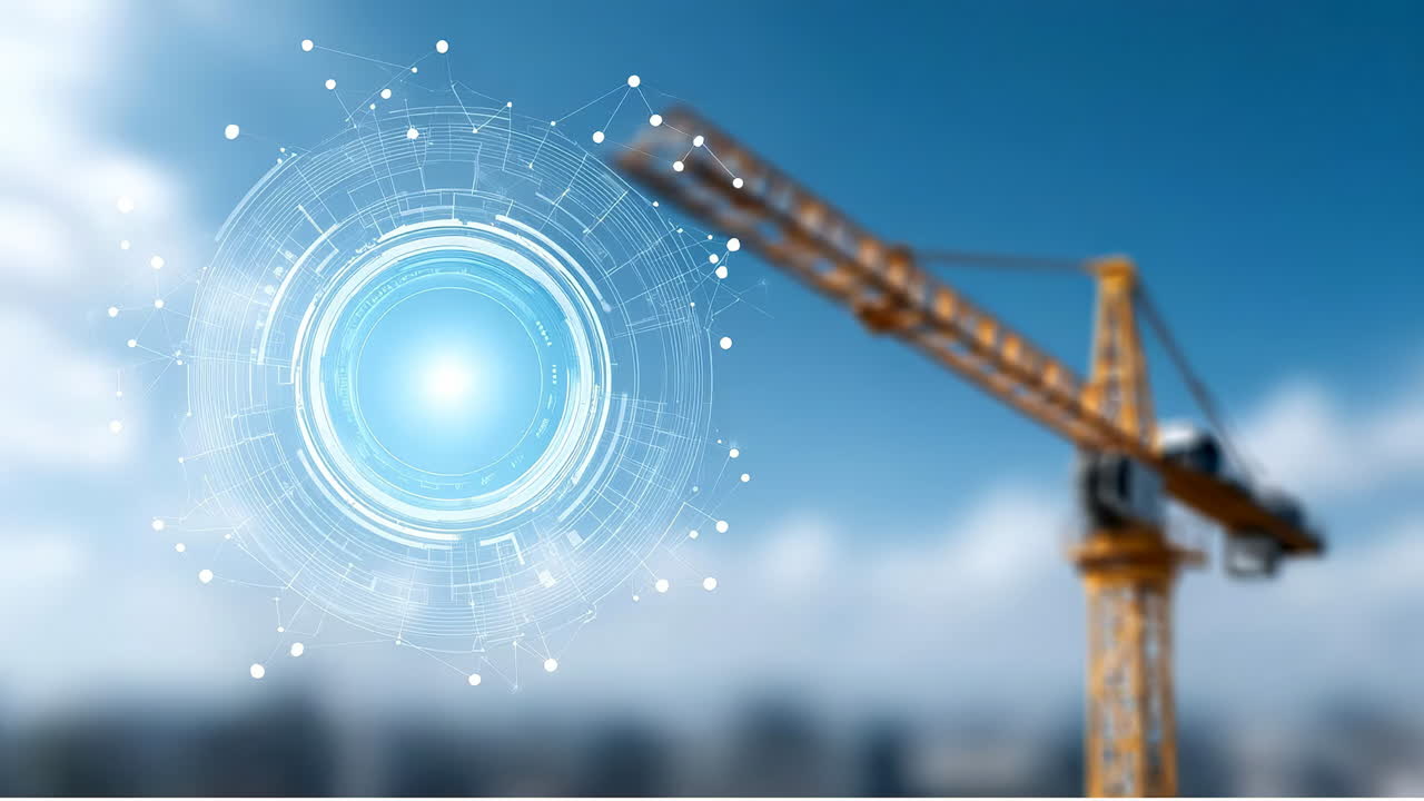 Crane with digital city overlay. A construction crane operates in a city skyline, showcasing a digital interface overlay indicating technology use