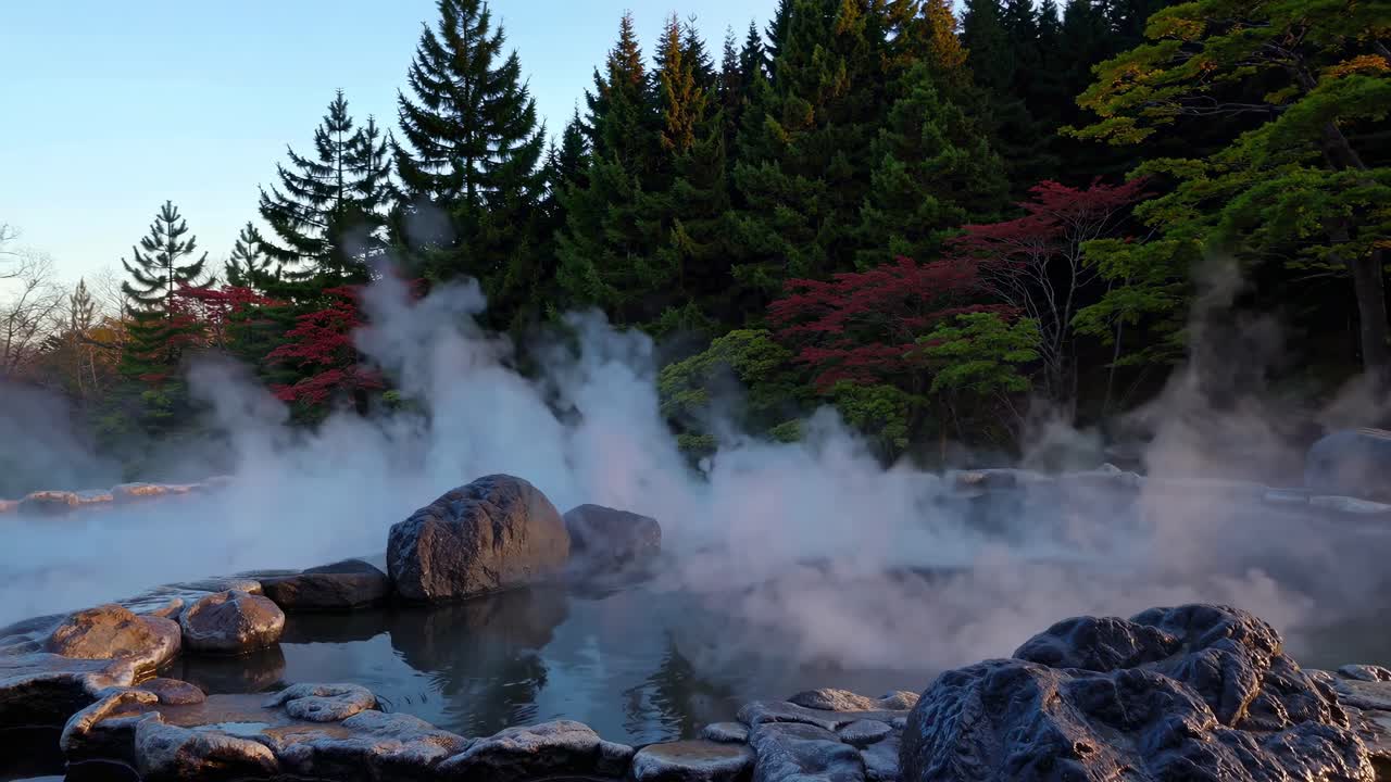 A serene landscape video captures a low-angle view of a steaming hot spring surrounded by lush