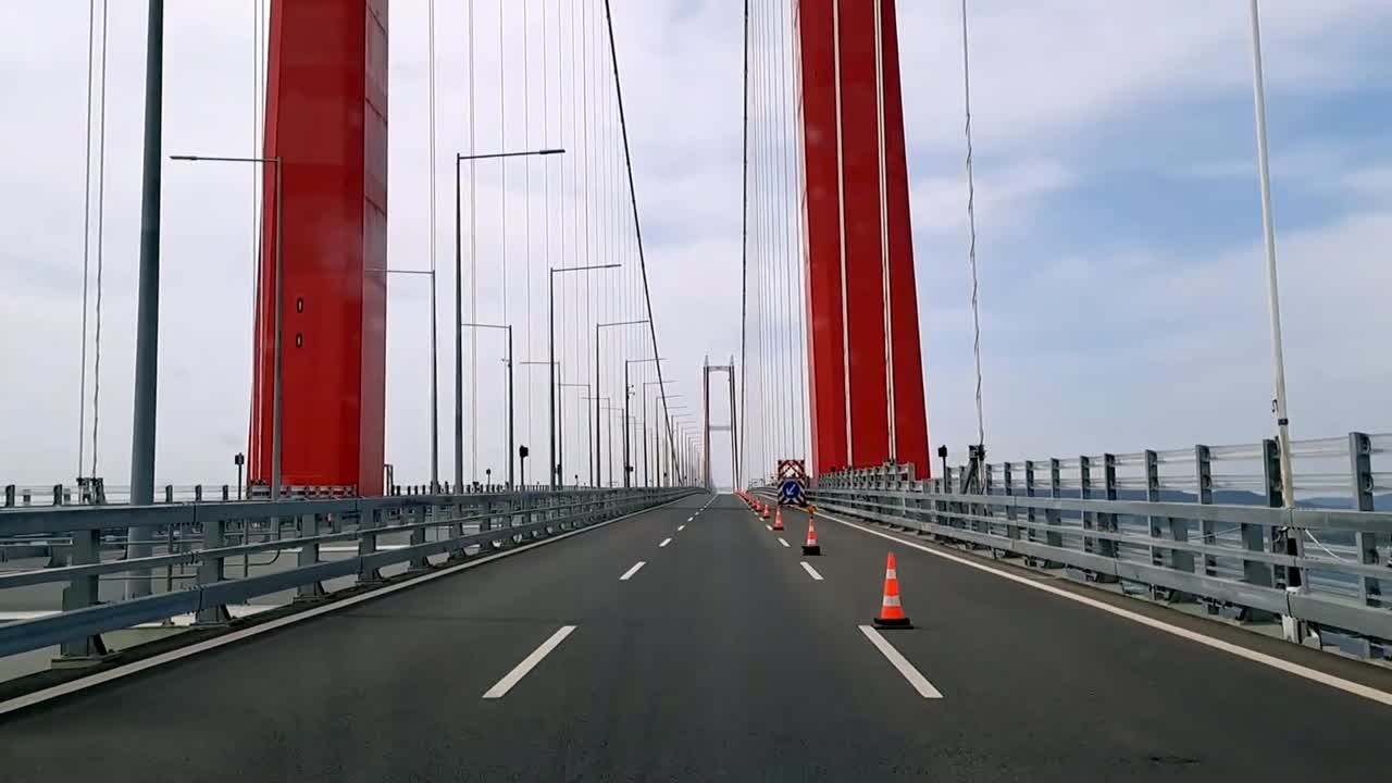 Driving over the Worlds longest suspension road toll bridge Canakkale 1915