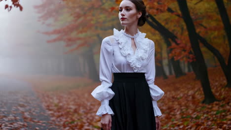 elegant woman in vintage attire walking through a misty autumn forest