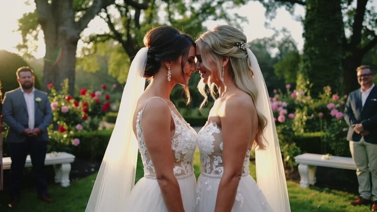 Holding hands, two brides leaning closer during vows in garden ceremony, with lace gowns and veils
