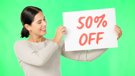 Woman,-face-and-discount-sign-on-green-screen