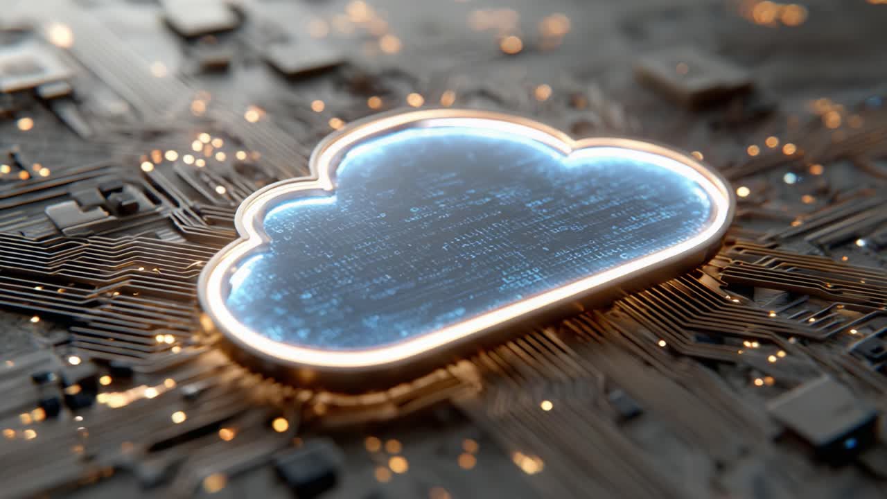 A Stunning Visualization of Cloud Computing Technology with Illuminated Cloud and Circuit Patterns Representing Data Flow and Connectivity