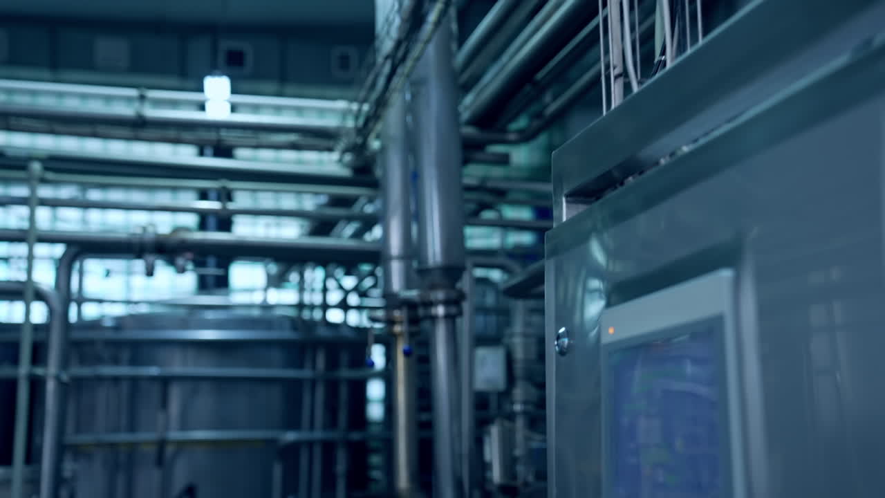 Interior of milk industrial plant. New equipment with metal tubes for production of dairy products. Modern milk factory with automated equipment.