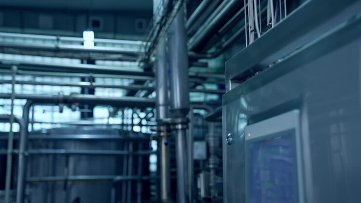 Interior of milk industrial plant. New equipment with metal tubes for production of dairy products. Modern milk factory with automated equipment.