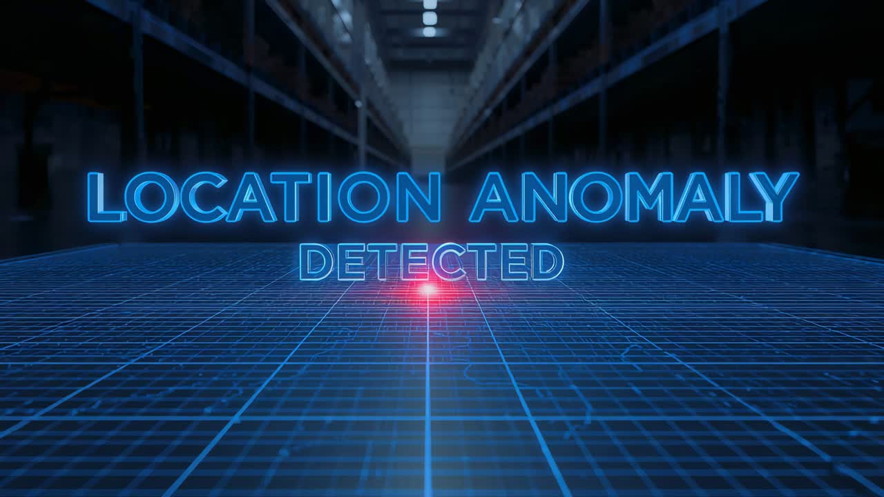 Showing neon LOCATION ANOMALY DETECTED headline blue grid scanning aisle red marker alerting staff