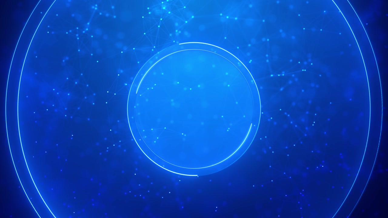 Immagine visiva di un cerchio HUD blu luminoso con linee di rete di punti collegati e un centro futuristico luminoso
