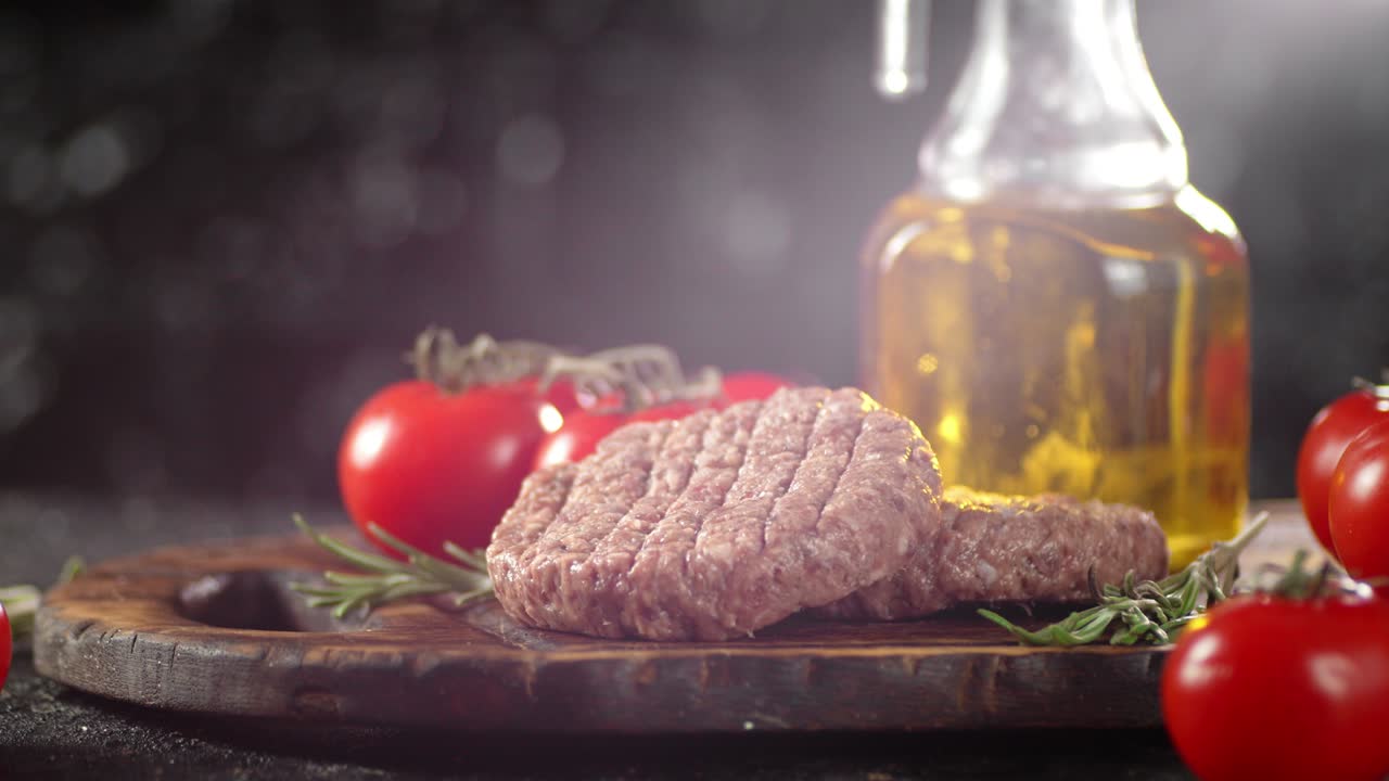 Raw burger with tomatoes and oil on a cutting board rotates.