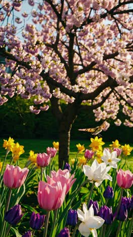 mariposa en un jardín de primavera con flores de cerezo y tulipanes