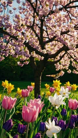 butterfly in a spring garden with cherry blossoms and tulips