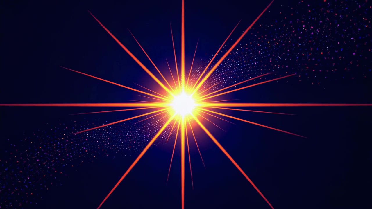 Playing burst core flaring, peaking, fading against navy background with particle trail for looping