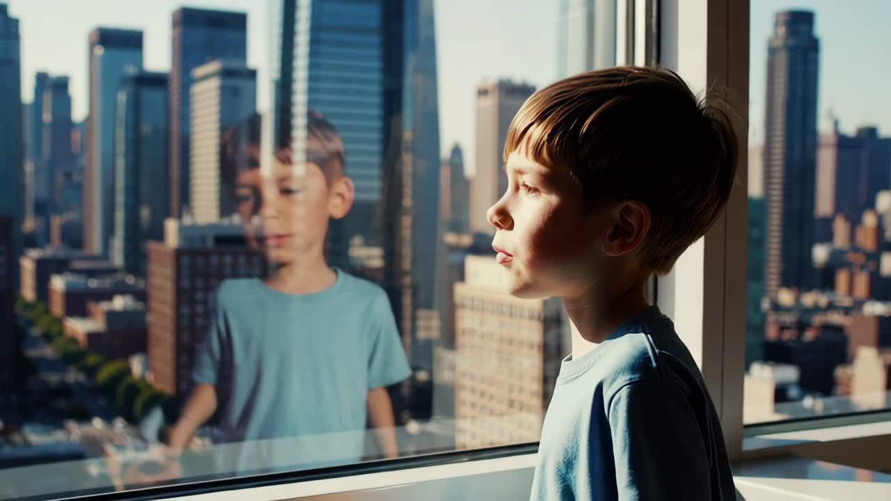 Young Boy Gazing at City Skyline from Window