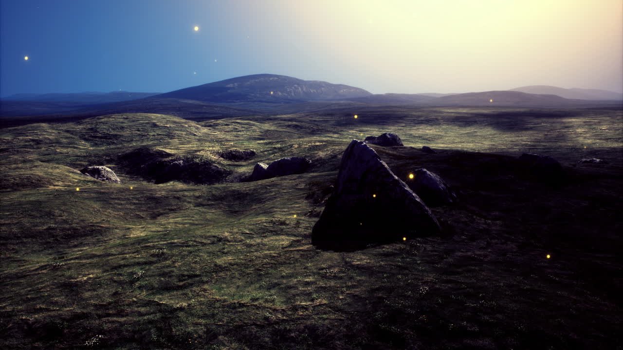 Endless green landscape under a glowing twilight sky invites exploration